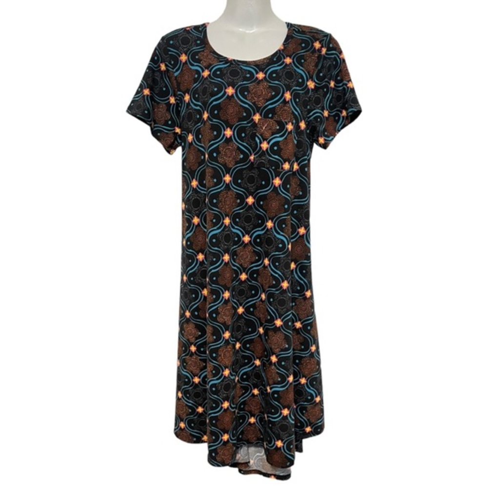 LULAROE Womens Carly Casual Damask Print Black Comfy Dress Size Small